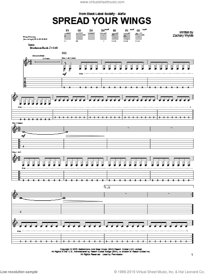 Spread Your Wings sheet music for guitar (tablature) by Black Label Society and Zakk Wylde, intermediate skill level