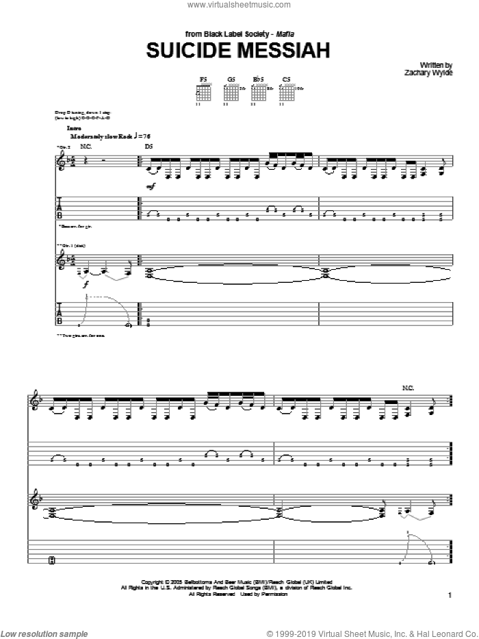 Suicide Messiah sheet music for guitar (tablature) by Black Label Society and Zakk Wylde, intermediate skill level