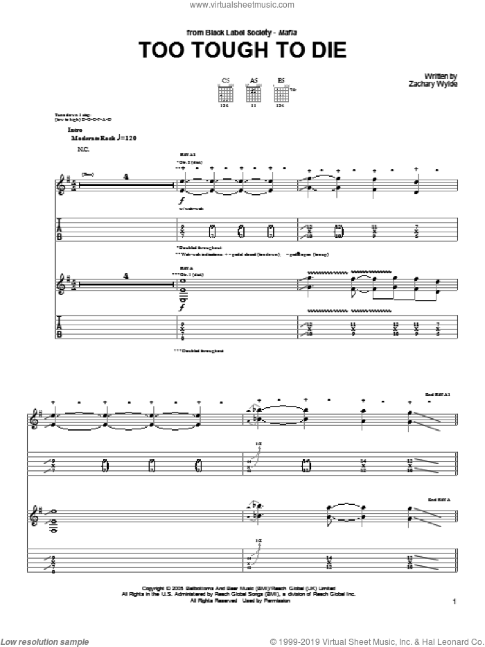 Too Tough To Die sheet music for guitar (tablature) by Black Label Society and Zakk Wylde, intermediate skill level