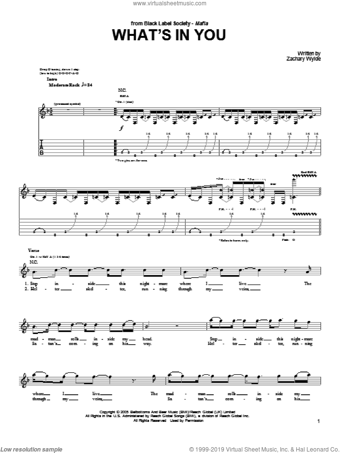 What's In You sheet music for guitar (tablature) by Black Label Society and Zakk Wylde, intermediate skill level