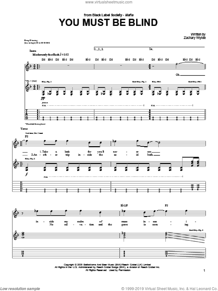 You Must Be Blind sheet music for guitar (tablature) by Black Label Society and Zakk Wylde, intermediate skill level