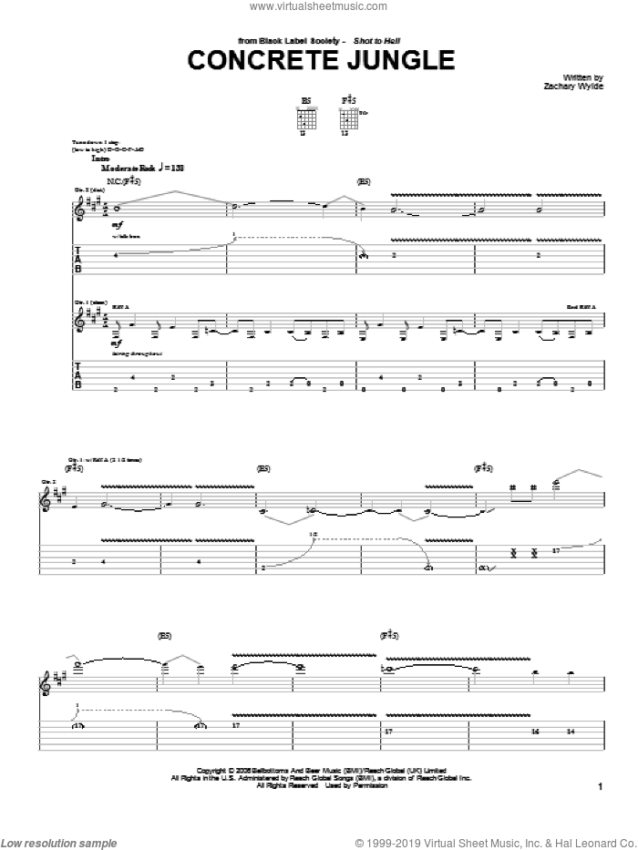 Concrete Jungle sheet music for guitar (tablature) by Black Label Society and Zakk Wylde, intermediate skill level
