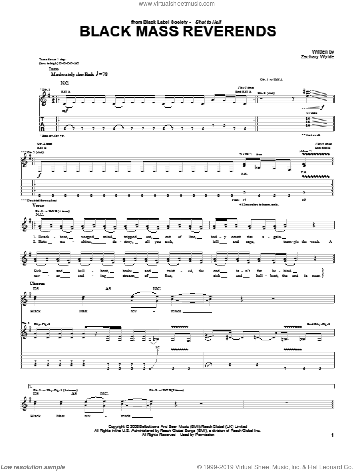 Black Mass Reverends sheet music for guitar (tablature) by Black Label Society and Zakk Wylde, intermediate skill level