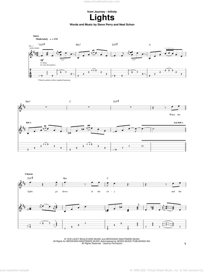 Lights sheet music for guitar (tablature) by Journey, Neal Schon and Steve Perry, intermediate skill level