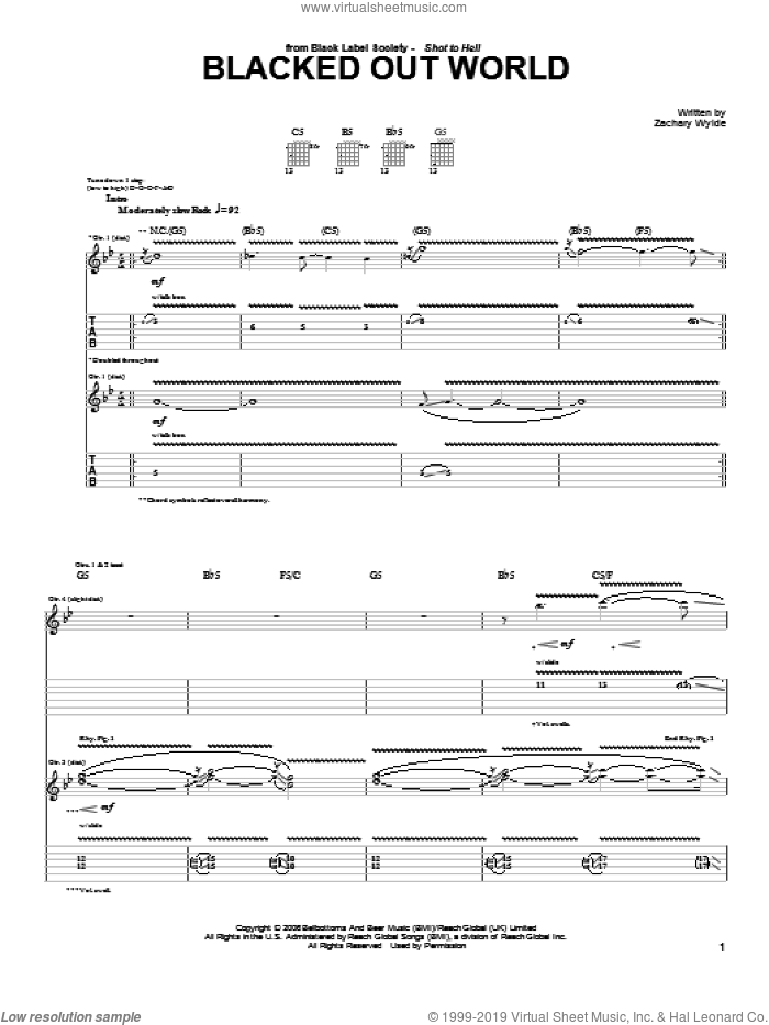 Blacked Out World sheet music for guitar (tablature) by Black Label Society and Zakk Wylde, intermediate skill level