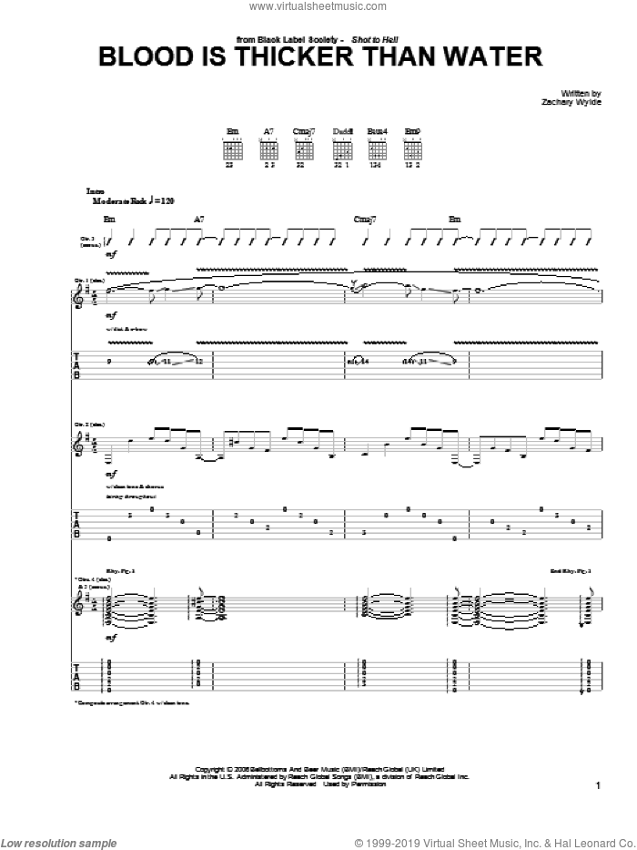 Blood Is Thicker Than Water sheet music for guitar (tablature) by Black Label Society and Zakk Wylde, intermediate skill level