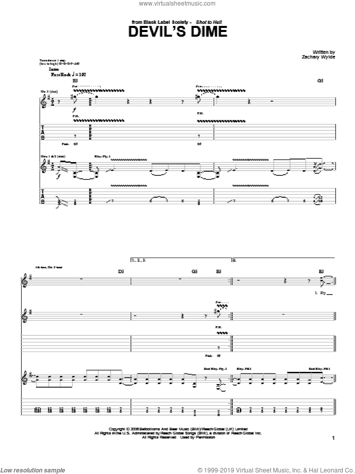 Devil's Dime sheet music for guitar (tablature) by Black Label Society and Zakk Wylde, intermediate skill level