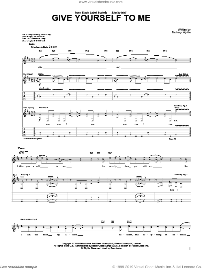 Give Yourself To Me sheet music for guitar (tablature) by Black Label Society and Zakk Wylde, intermediate skill level