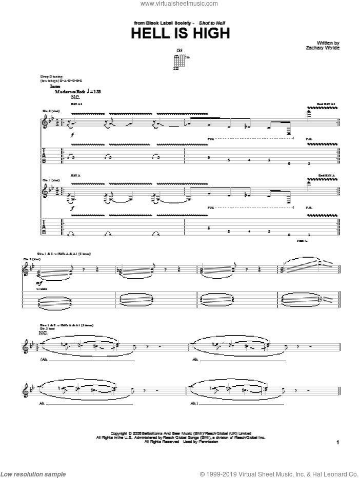 Hell Is High sheet music for guitar (tablature) by Black Label Society and Zakk Wylde, intermediate skill level