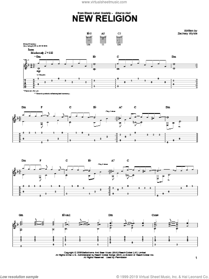 New Religion sheet music for guitar (tablature) by Black Label Society and Zakk Wylde, intermediate skill level