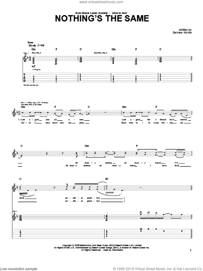 Nothing's The Same sheet music for guitar (tablature) by Black Label Society and Zakk Wylde, intermediate skill level