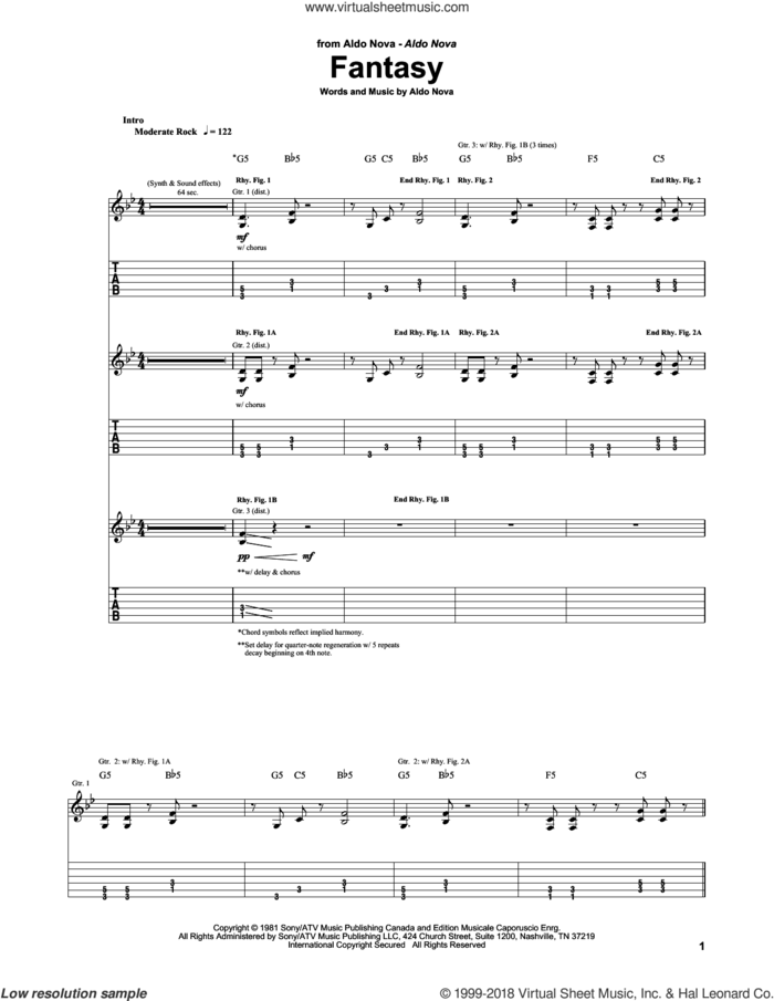 Fantasy sheet music for guitar (tablature) by Aldo Nova, intermediate skill level