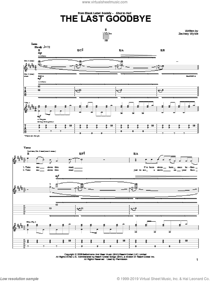 The Last Goodbye sheet music for guitar (tablature) by Black Label Society and Zakk Wylde, intermediate skill level