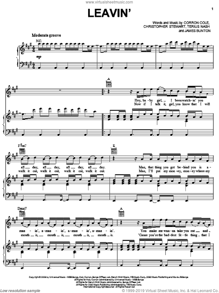 Leavin' sheet music for voice, piano or guitar by Jesse McCartney, Christopher Stewart, Corron Cole, James Bunton and Terius Nash, intermediate skill level