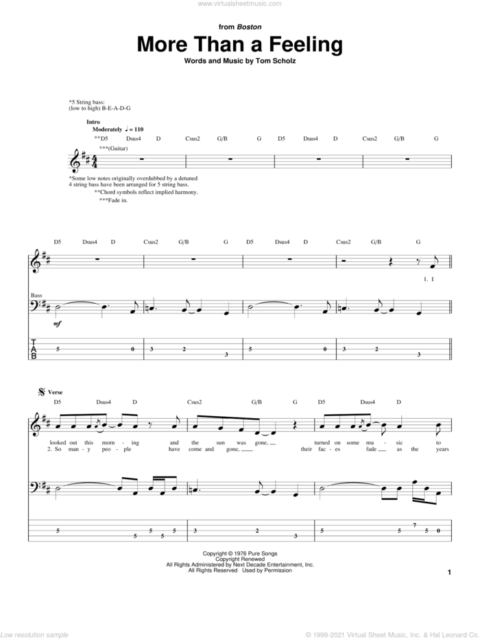 More Than A Feeling sheet music for bass (tablature) (bass guitar) by Boston and Tom Scholz, intermediate skill level