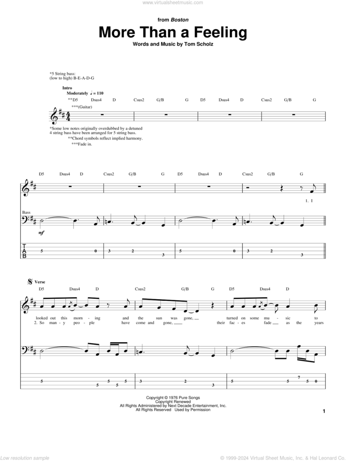 More Than A Feeling sheet music for bass (tablature) (bass guitar) by Boston and Tom Scholz, intermediate skill level