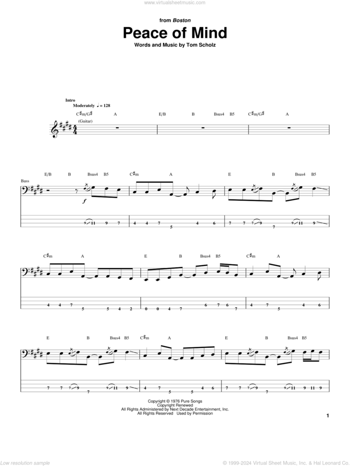 Peace Of Mind sheet music for bass (tablature) (bass guitar) by Boston and Tom Scholz, intermediate skill level