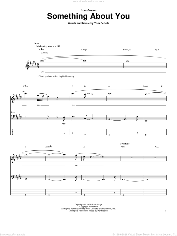 Something About You sheet music for bass (tablature) (bass guitar) by Boston and Tom Scholz, intermediate skill level