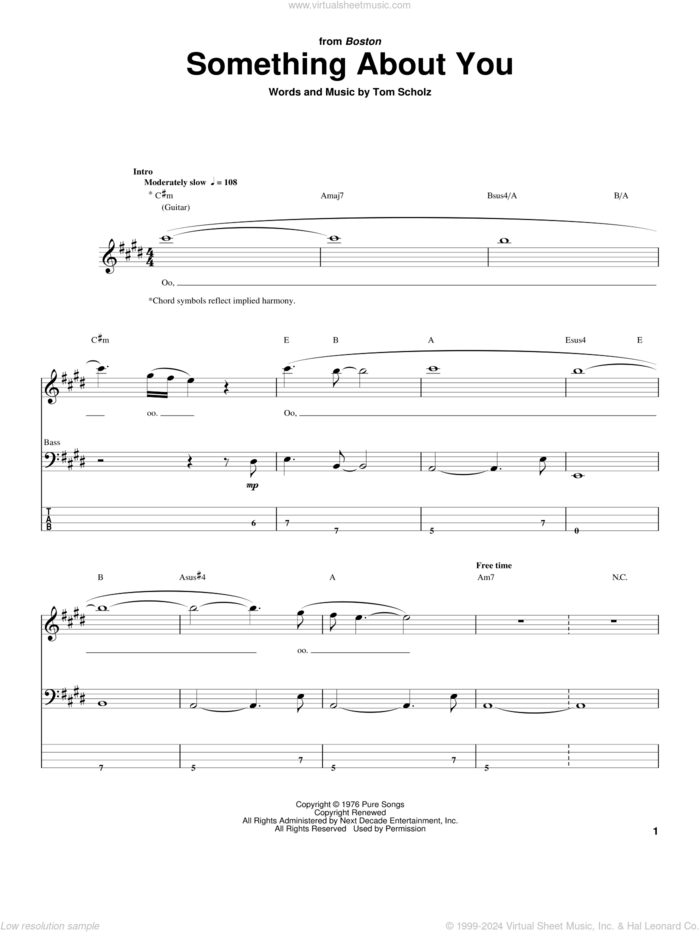 Something About You sheet music for bass (tablature) (bass guitar) by Boston and Tom Scholz, intermediate skill level