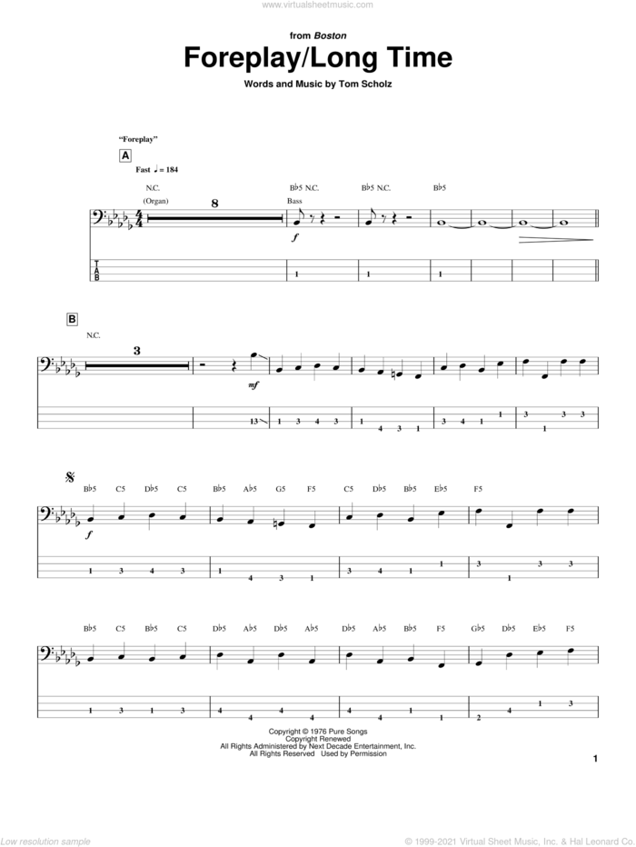 Foreplay/Long Time (Long Time) sheet music for bass (tablature) (bass guitar) by Boston and Tom Scholz, intermediate skill level