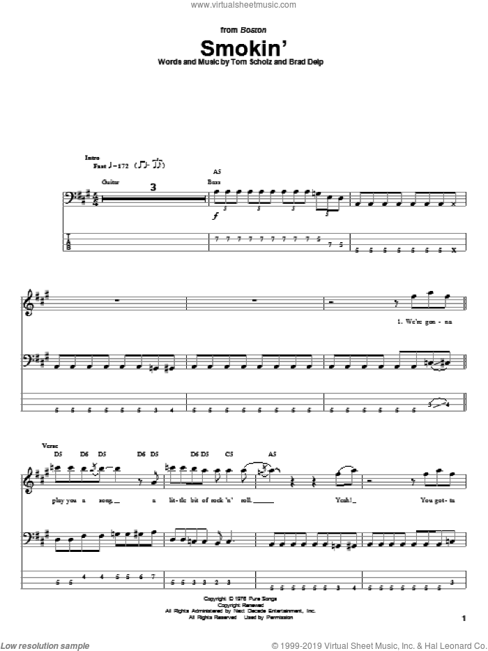 Smokin' sheet music for bass (tablature) (bass guitar) by Boston, Brad Delp and Tom Scholz, intermediate skill level