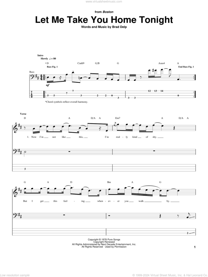 Let Me Take You Home Tonight sheet music for bass (tablature) (bass guitar) by Boston and Brad Delp, intermediate skill level