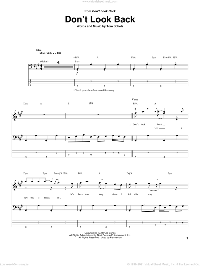 Don't Look Back sheet music for bass (tablature) (bass guitar) by Boston and Tom Scholz, intermediate skill level