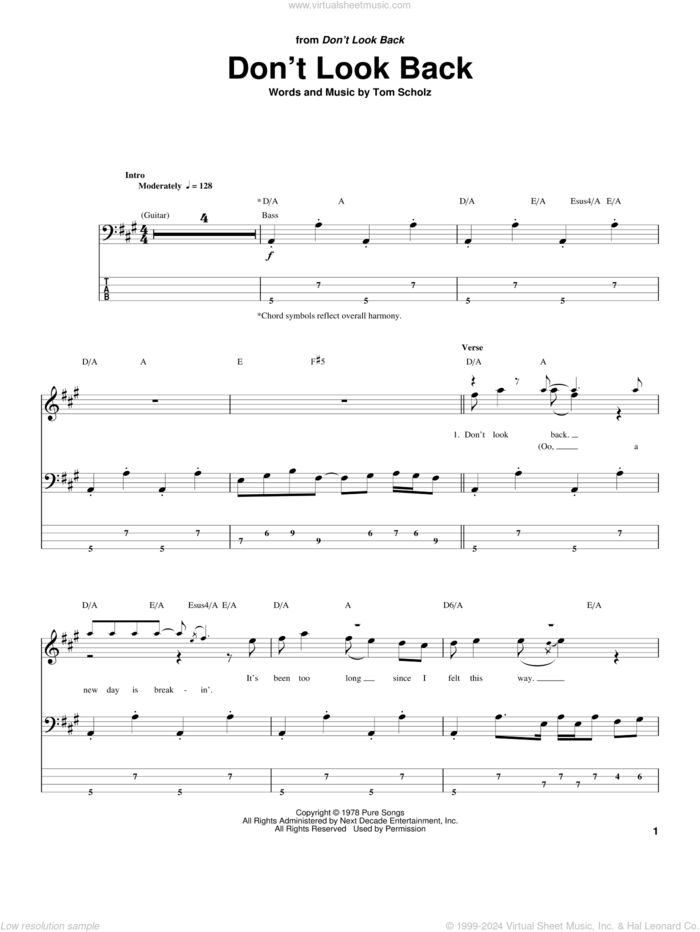 Don't Look Back sheet music for bass (tablature) (bass guitar) by Boston and Tom Scholz, intermediate skill level