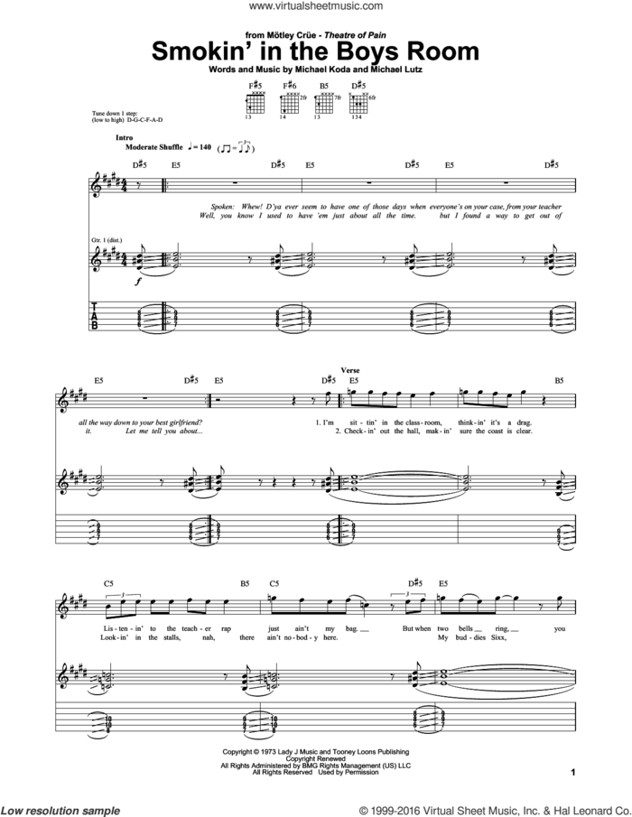 Smokin' In The Boys Room sheet music for guitar (tablature) by Motley Crue, Brownsville Station, The Ramones, Cub Koda and Michael Lutz, intermediate skill level