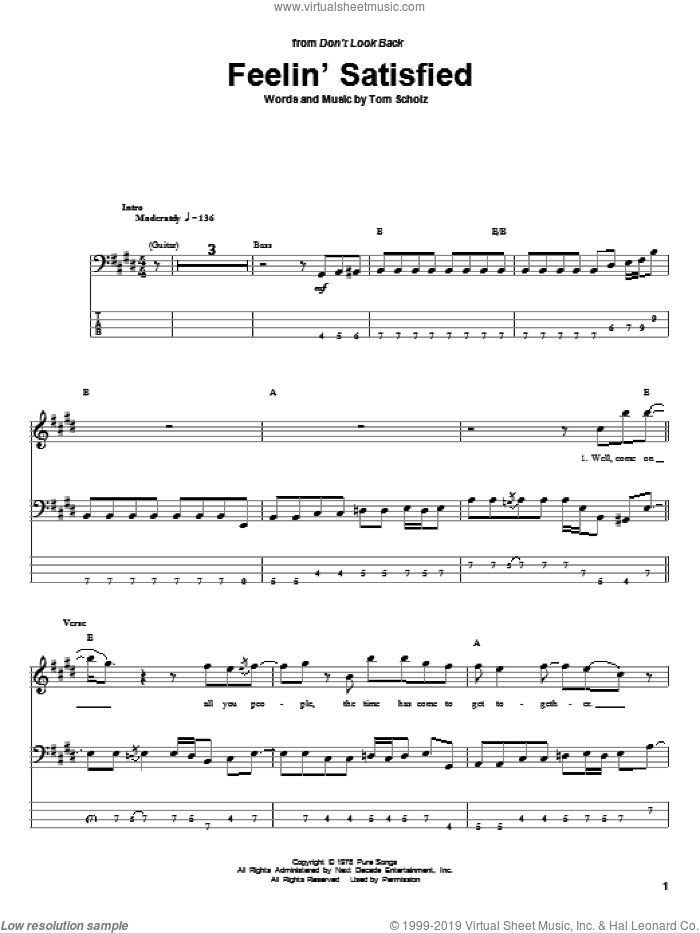 Feelin' Satisfied sheet music for bass (tablature) (bass guitar) by Boston and Tom Scholz, intermediate skill level