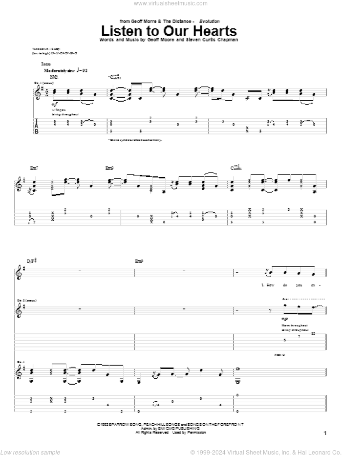 Listen To Our Hearts sheet music for guitar (tablature) by Geoff Moore & The Distance, Geoff Moore and Steven Curtis Chapman, wedding score, intermediate skill level