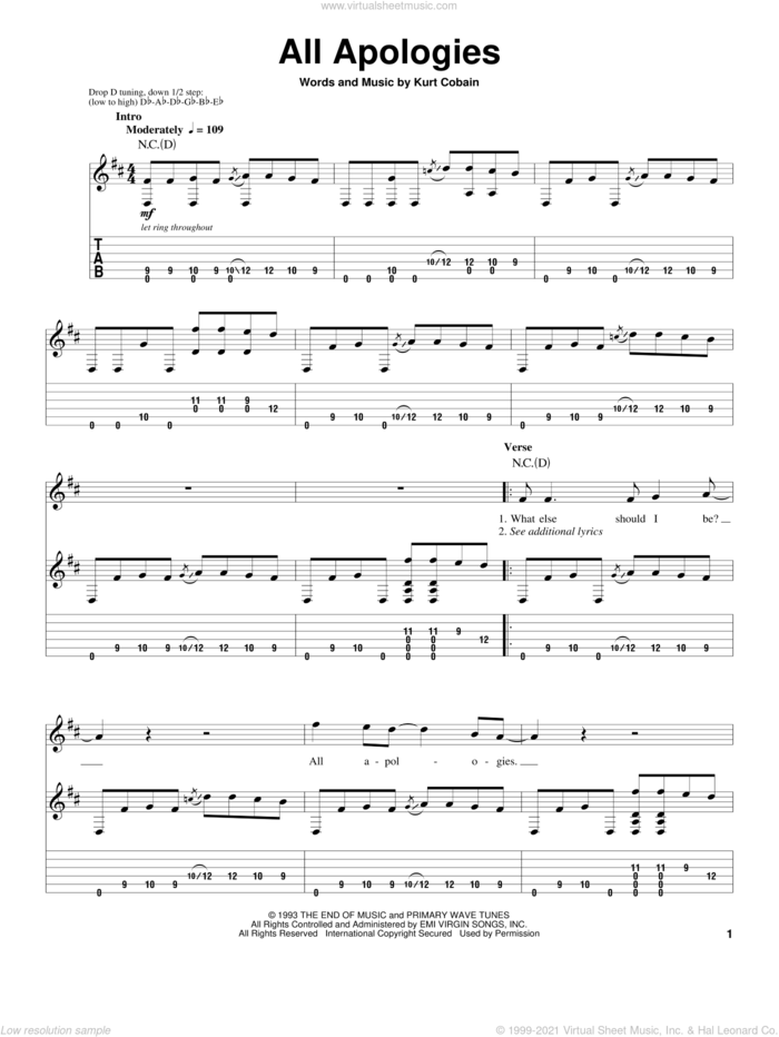 All Apologies sheet music for guitar (tablature, play-along) by Nirvana and Kurt Cobain, intermediate skill level