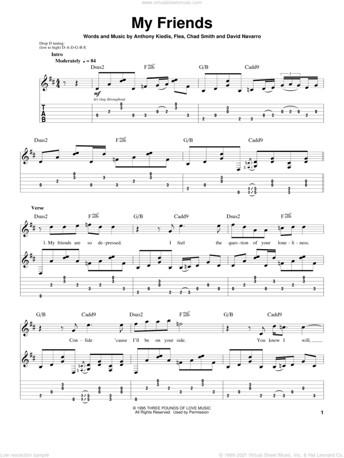 My Friends sheet music for guitar (tablature, play-along) by Red Hot Chili Peppers, Anthony Kiedis, Chad Smith, David Navarro and Flea, intermediate skill level