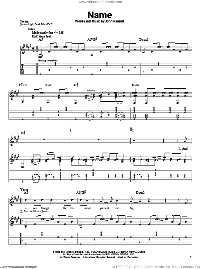 Name sheet music for guitar (tablature, play-along) by Goo Goo Dolls and John Rzeznik, intermediate skill level