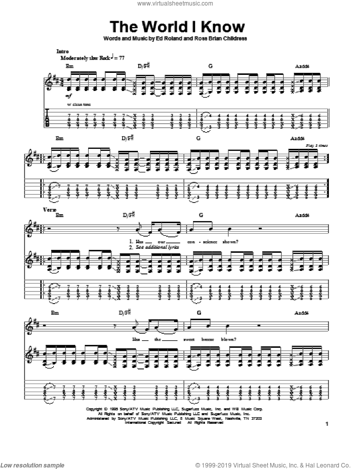 The World I Know sheet music for guitar (tablature, play-along) by Collective Soul, Ed Roland and Ross Childress, intermediate skill level