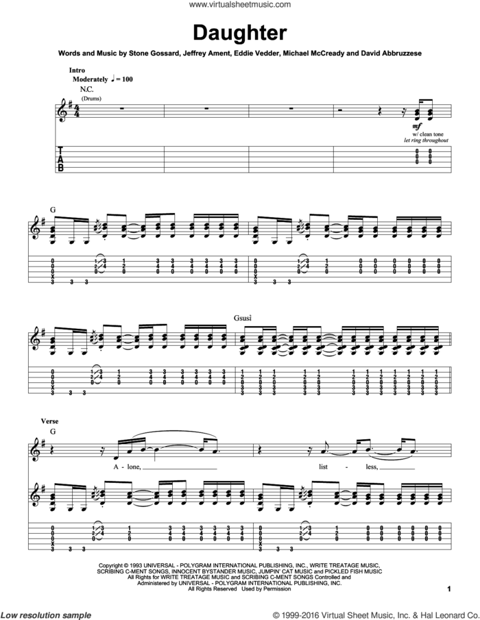 Daughter sheet music for guitar (tablature, play-along) by Pearl Jam, David Abbruzzese, Eddie Vedder, Jeffrey Ament, Michael McCready and Stone Gossard, intermediate skill level