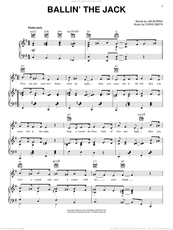 Ballin' The Jack sheet music for voice, piano or guitar by Jelly Roll Morton, Chris Smith and Jim Burris, intermediate skill level