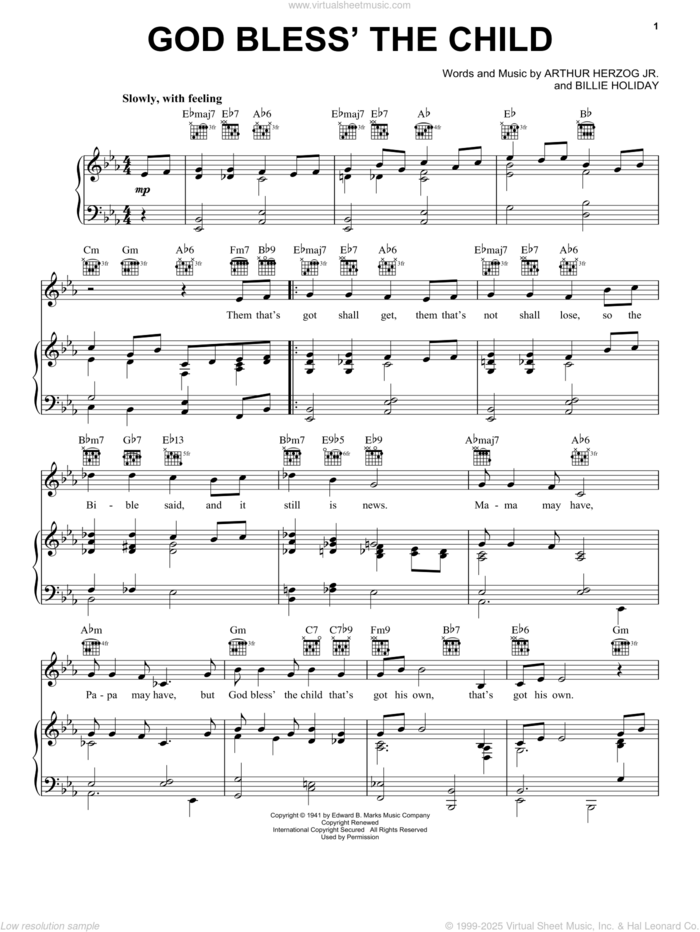 God Bless' The Child sheet music for voice, piano or guitar by Billie Holiday and Arthur Herzog Jr., intermediate skill level