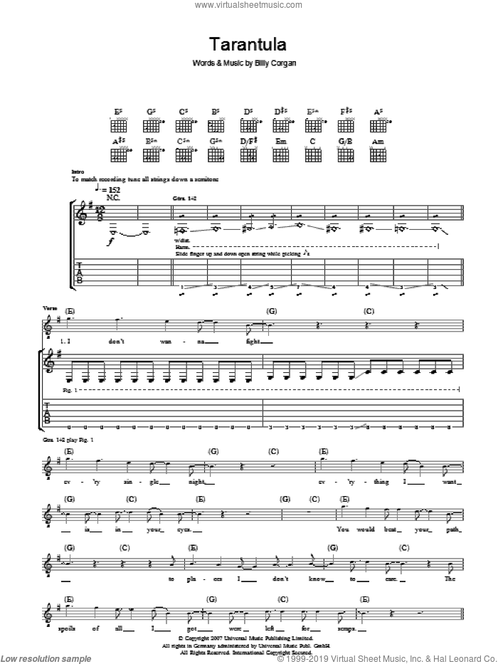 Tarantula sheet music for guitar (tablature) by The Smashing Pumpkins and Billy Corgan, intermediate skill level