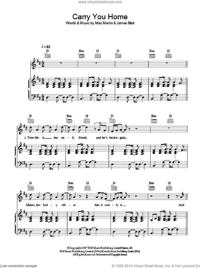 Carry You Home sheet music for voice, piano or guitar by James Blunt and Max Martin, intermediate skill level