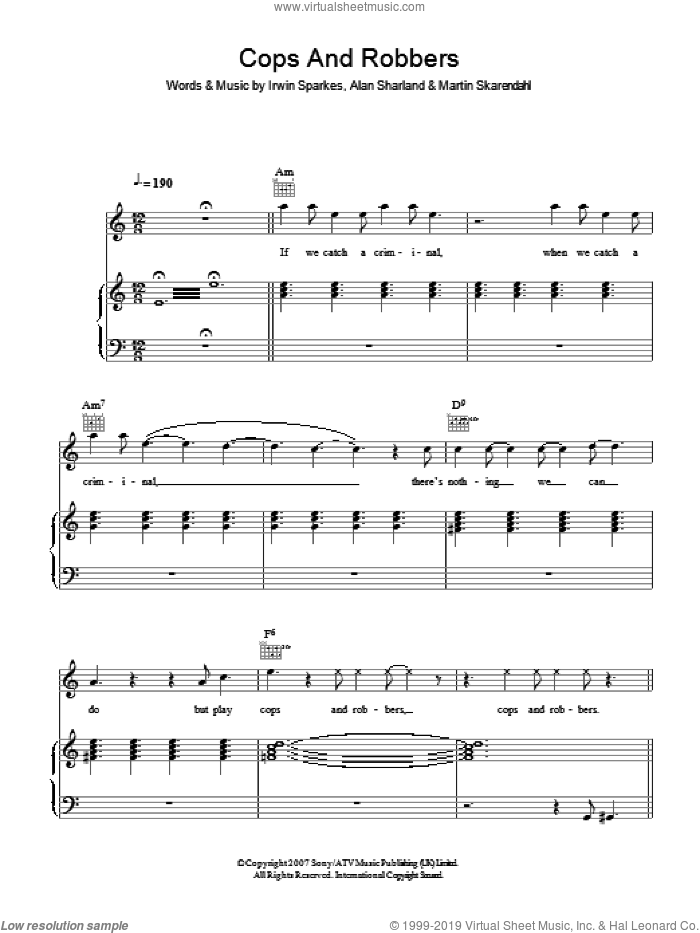 Cops And Robbers sheet music for voice, piano or guitar by The Hoosiers, Alan Sharland, Irwin Sparkes and Martin Skarendahl, intermediate skill level