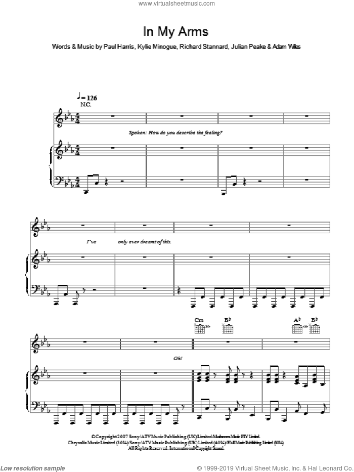 In My Arms sheet music for voice, piano or guitar by Kylie Minogue, Adam Wiles, Julian Peake, Paul Harris and Richard Stannard, intermediate skill level