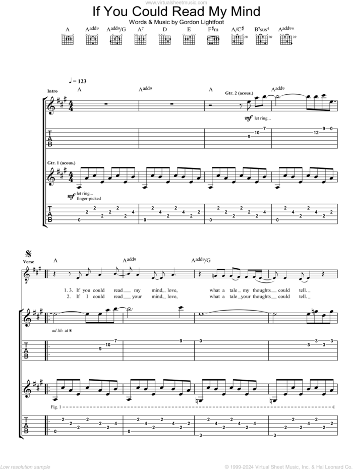 If You Could Read My Mind sheet music for guitar (tablature) by Gordon Lightfoot, intermediate skill level