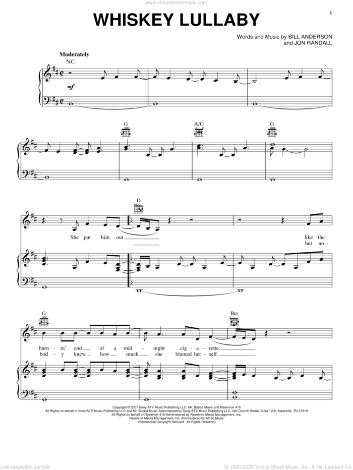 Whiskey Lullaby sheet music for voice, piano or guitar by Brad Paisley, Alison Krauss, Bill Anderson and Jon Randall, intermediate skill level