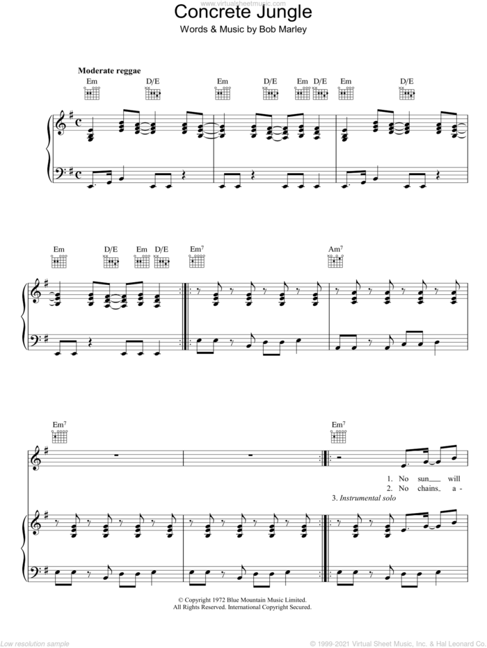 Concrete Jungle sheet music for voice, piano or guitar by Bob Marley, intermediate skill level