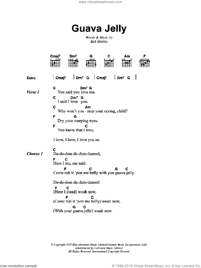Guava Jelly sheet music for guitar (chords) by Bob Marley, intermediate skill level