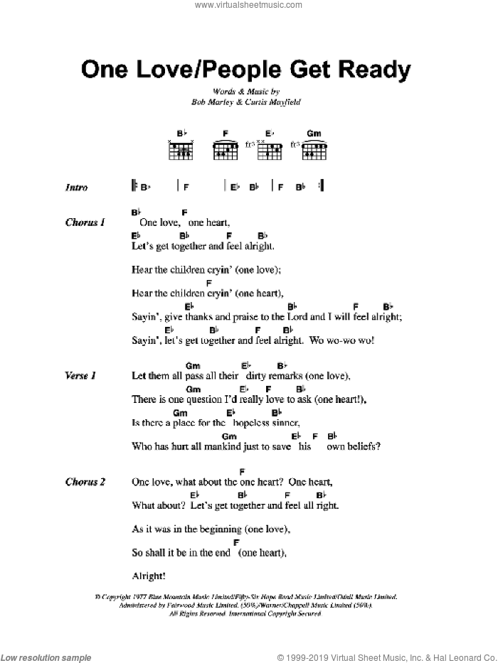 One Love/People Get Ready sheet music for guitar (chords) by Bob Marley and Curtis Mayfield, intermediate skill level