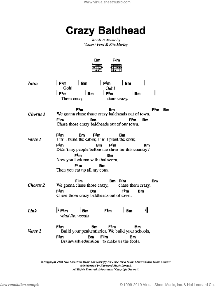 Crazy Baldhead sheet music for guitar (chords) by Bob Marley, Rita Marley and Vincent Ford, intermediate skill level