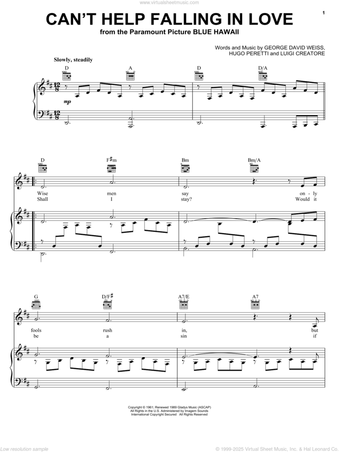 Can't Help Falling In Love sheet music for voice, piano or guitar by Elvis Presley, UB40, George David Weiss, Hugo Peretti and Luigi Creatore, wedding score, intermediate skill level