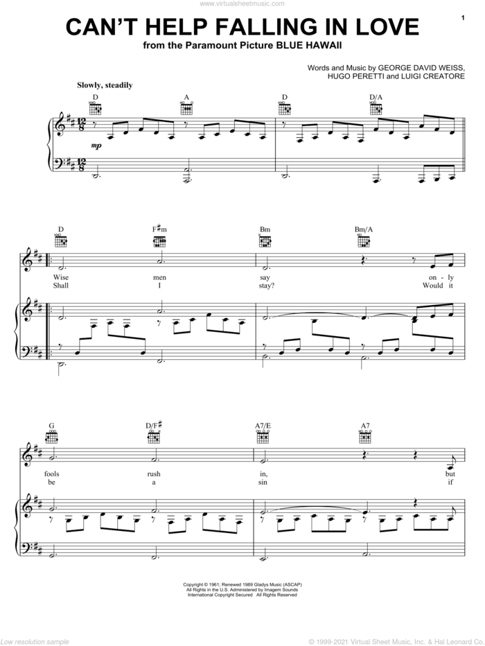 Can't Help Falling In Love sheet music for voice, piano or guitar by Elvis Presley, UB40, George David Weiss, Hugo Peretti and Luigi Creatore, wedding score, intermediate skill level